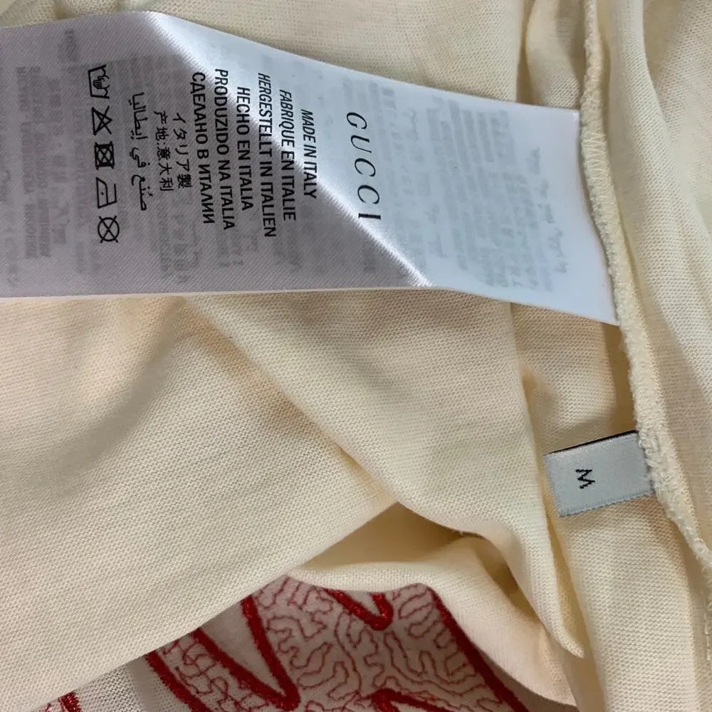 GUCCI Size M Beige Red Embroidery Cotton Crew-Neck T-shirt